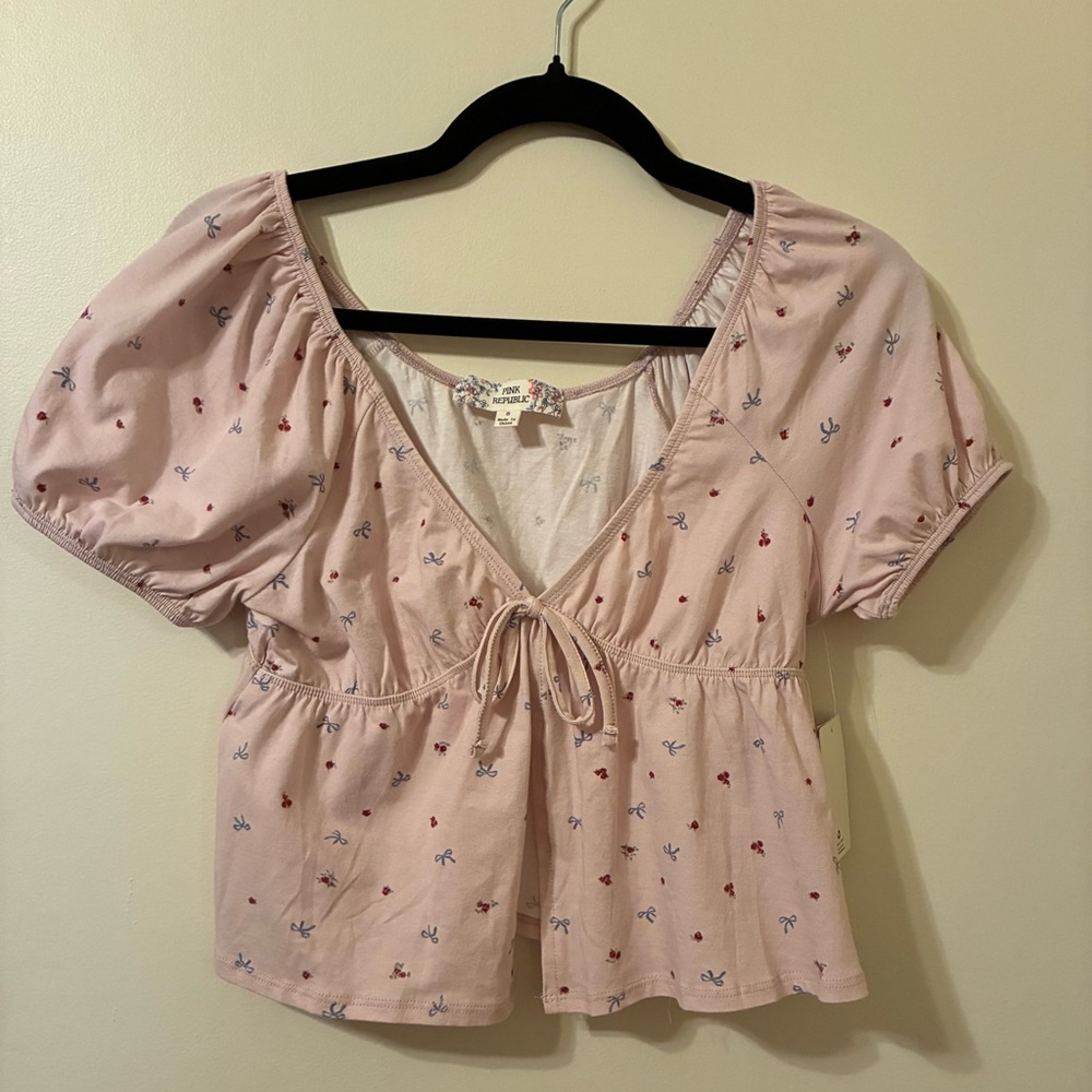 NWT Pink Republic Puff-Sleeve Tie-Front Top Ditsy Cropped Coquette Milkmaid S